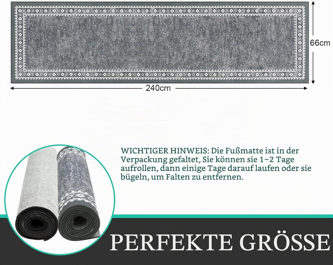 Enyhom Lang Teppich Läufer 66 x 240 cm Waschbar rutschfest Läufer Flur Teppich Küchenläufer dauerhaf