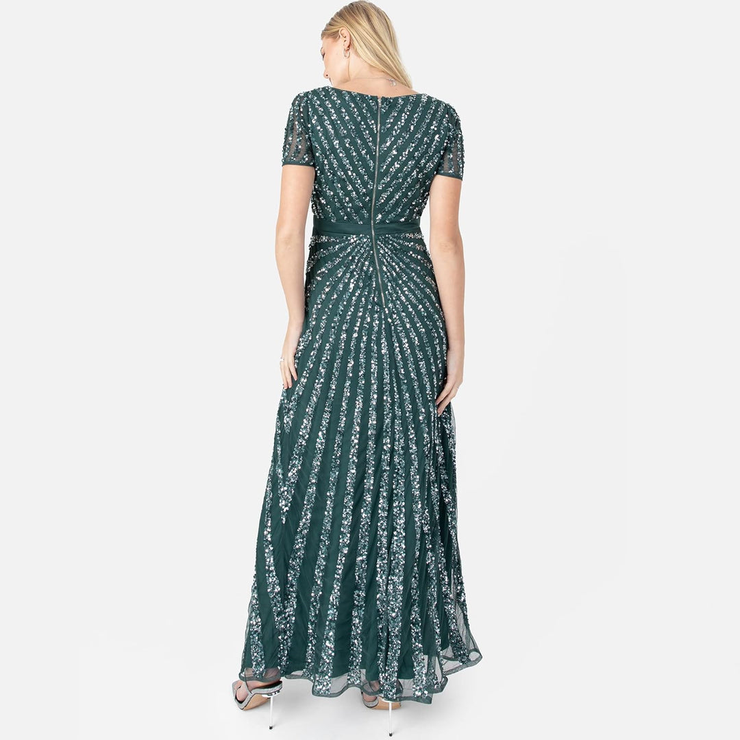 Maya Deluxe Damen Pailletten Maxi Abendkleid Elegant für Hochzeit V-Ausschnitt A-Linien-Schnitt Brau