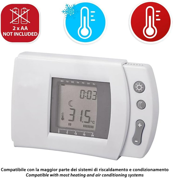 Programmierbarer digitaler Uhrenthermostat, warm/kalt. Weiss