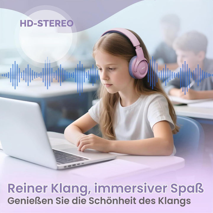 Acer Kopfhörer Kinder mit 3,5 mm Kabel, 85/94dB Lautstärkebegrenzung Hellrosa Lila, Hellrosa Lila