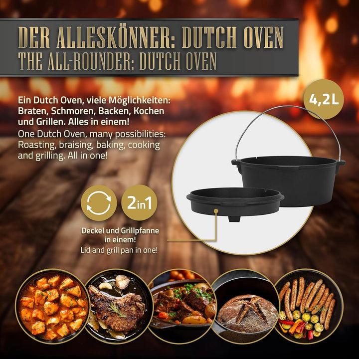 BBQ#BOSS Dutch Oven Set BBQ 4,2 Liter, Eingebrannter Feuertopf aus Gusseisen, Kochtopf mit Deckelheb