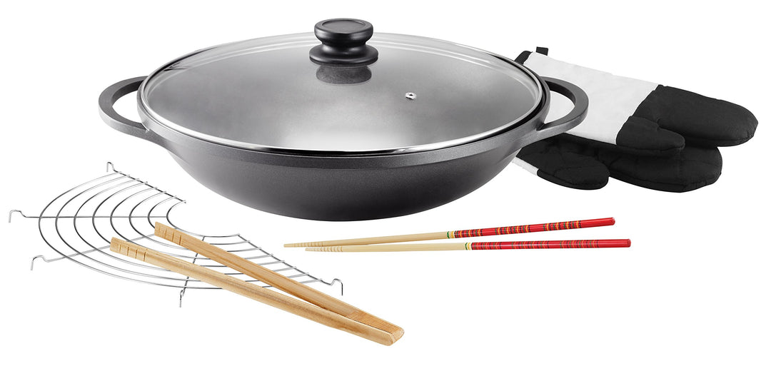 Kopf Wok Mai-Lu (Aluguss, Ø 36 cm, Induktion, ILAG Antihaftbeschichtung, inkl. Glasdeckel und Zubehö