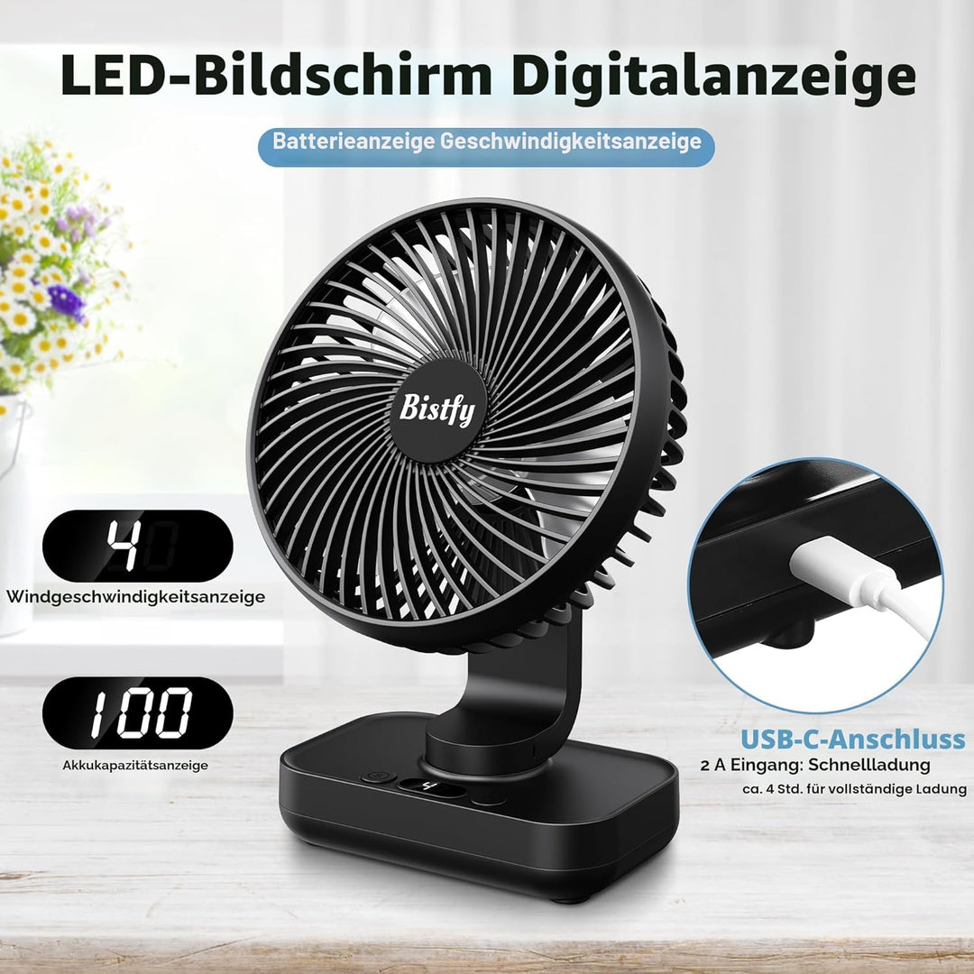 Tischventilator Oszillierend 4500mAh Leise&amp;Starkem Luftstrom Akku Ventilator, 4 Geschwindigkeiten 2A
