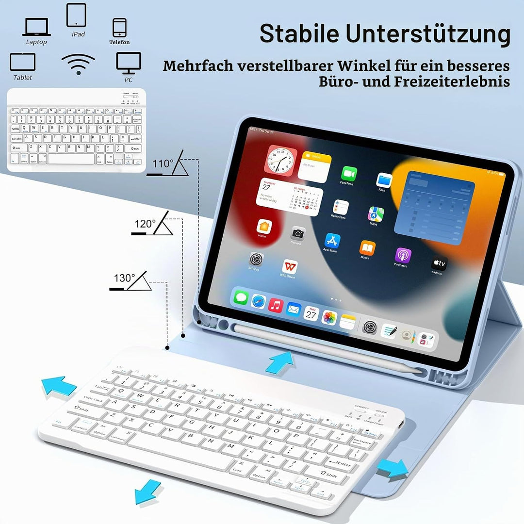 JKSML Hülle mit Tastatur für iPad (A16) 11./10.Gen 11/10.9 Zoll (2025/2022) Himmelblau, Himmelblau