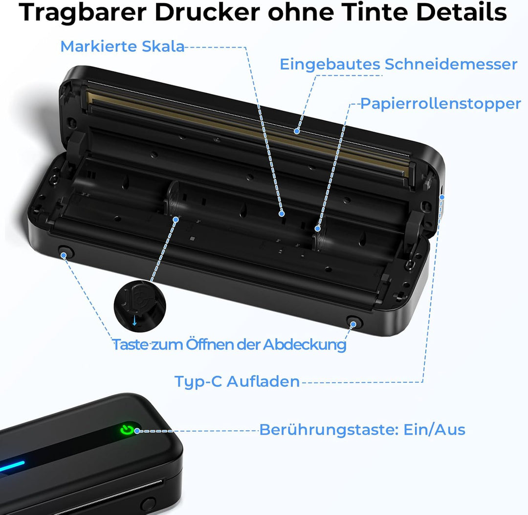 Mobiler Drucker A4 für Unterwegs, Tragbarer Drucker Thermodrucker A4 Wireless Bluetooth Inkless Hand