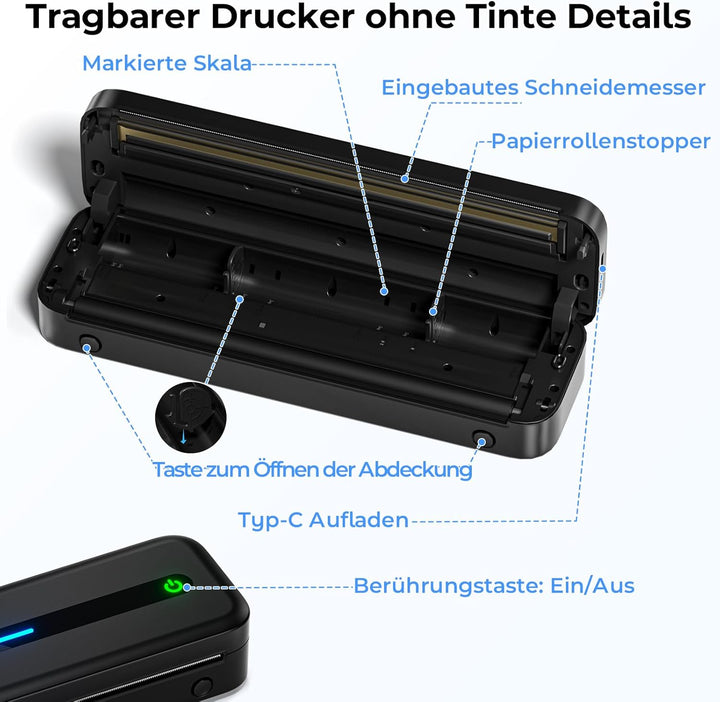Mobiler Drucker A4 für Unterwegs, Tragbarer Drucker Thermodrucker A4 Wireless Bluetooth Inkless Hand