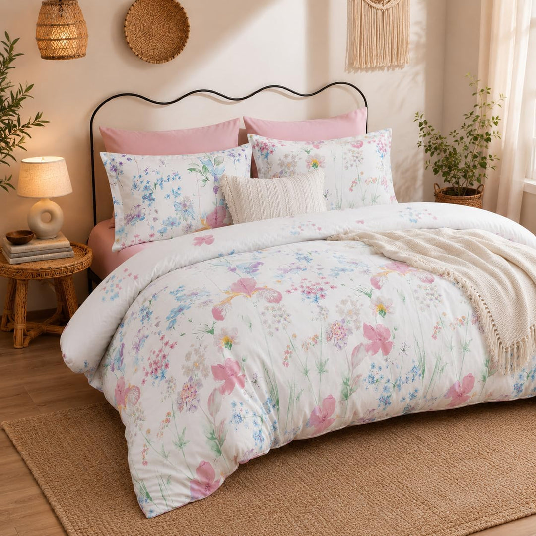 Lanqinglv Bettwäsche 135x200 cm Weiss Lila Blätter Blumen Muster Pflanzen Wende Bettwäsche Set Bunt