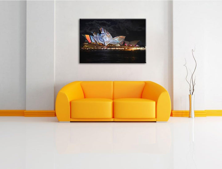 Pixxprint Dark Sydney Opera House Lichterauf Leinwand, XXL riesige Bilder fertig gerahmt mit Keilrah