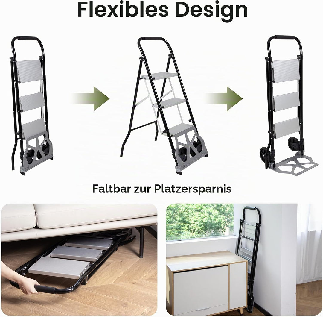 2-in-1 Klappbarer Sackkarren & 3-stufige Leiter, 3-stufige Klappbare Stahlleiter, Umwandlungsfähiger
