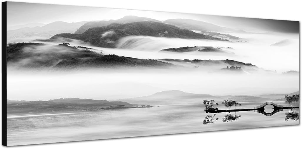 Paul Sinus Art Panoramabild auf Leinwand und Keilrahmen 150x50cm China Landschaft Wasser Berge Nebel