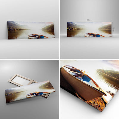 Panorama Bilder auf Leinwand Berge See Boot Leinwandbild mit Rahmen 90x30cm Wandbilder Dekoration Wo