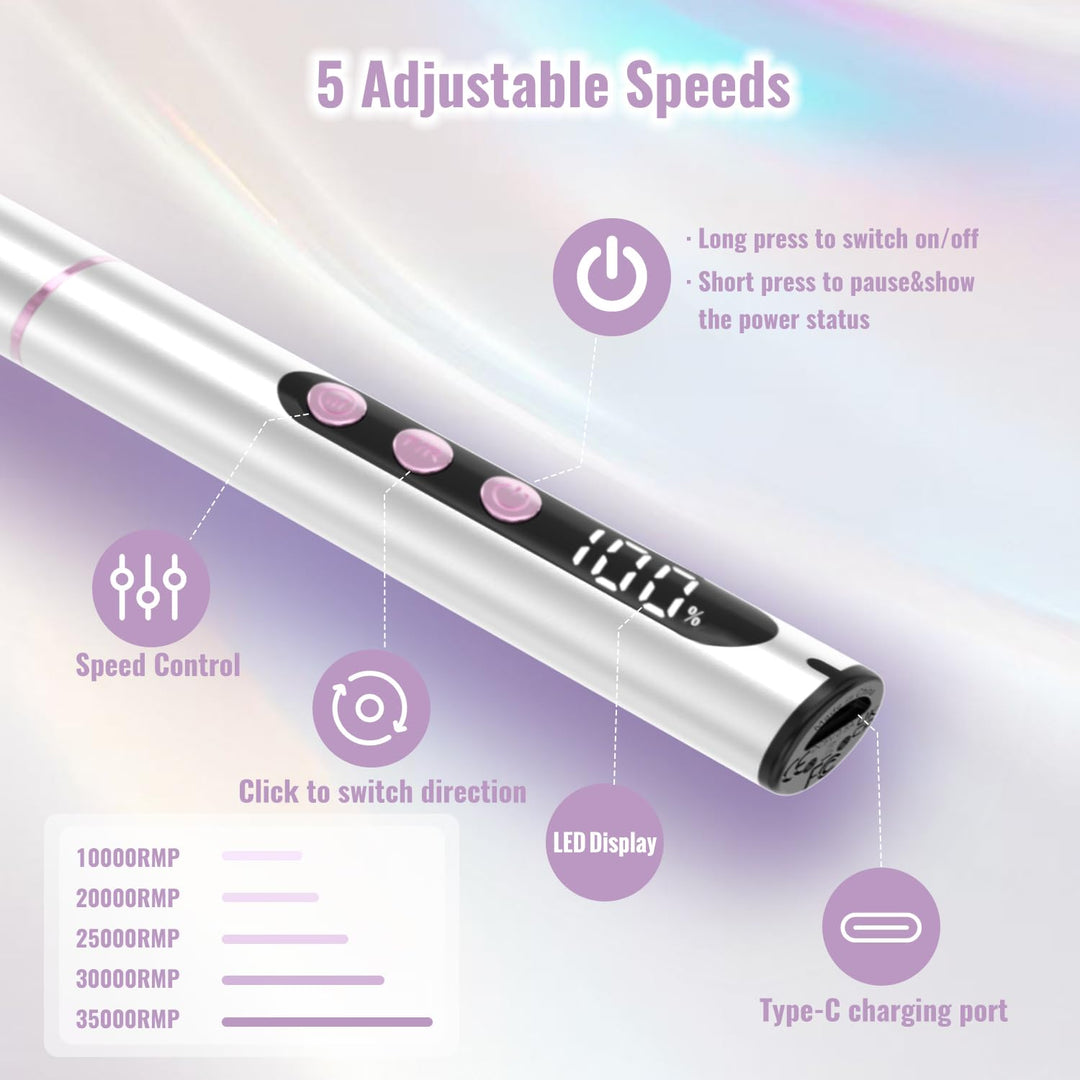 Nagelfräser Kabellos 35000 U/Min, Elektrische Nagelfeile 12 in 1 Fräser Nägel Professionell Nail Dri
