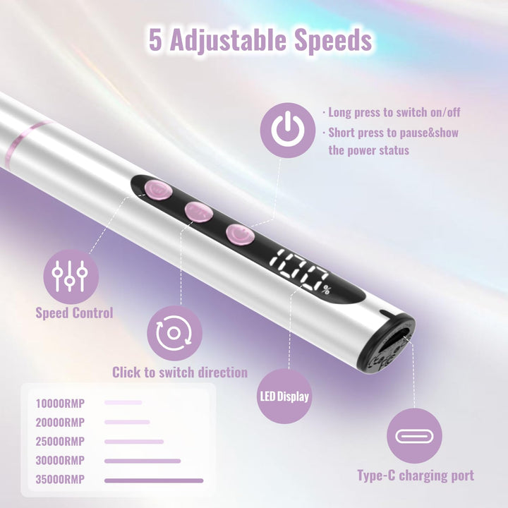 Nagelfräser Kabellos 35000 U/Min, Elektrische Nagelfeile 12 in 1 Fräser Nägel Professionell Nail Dri