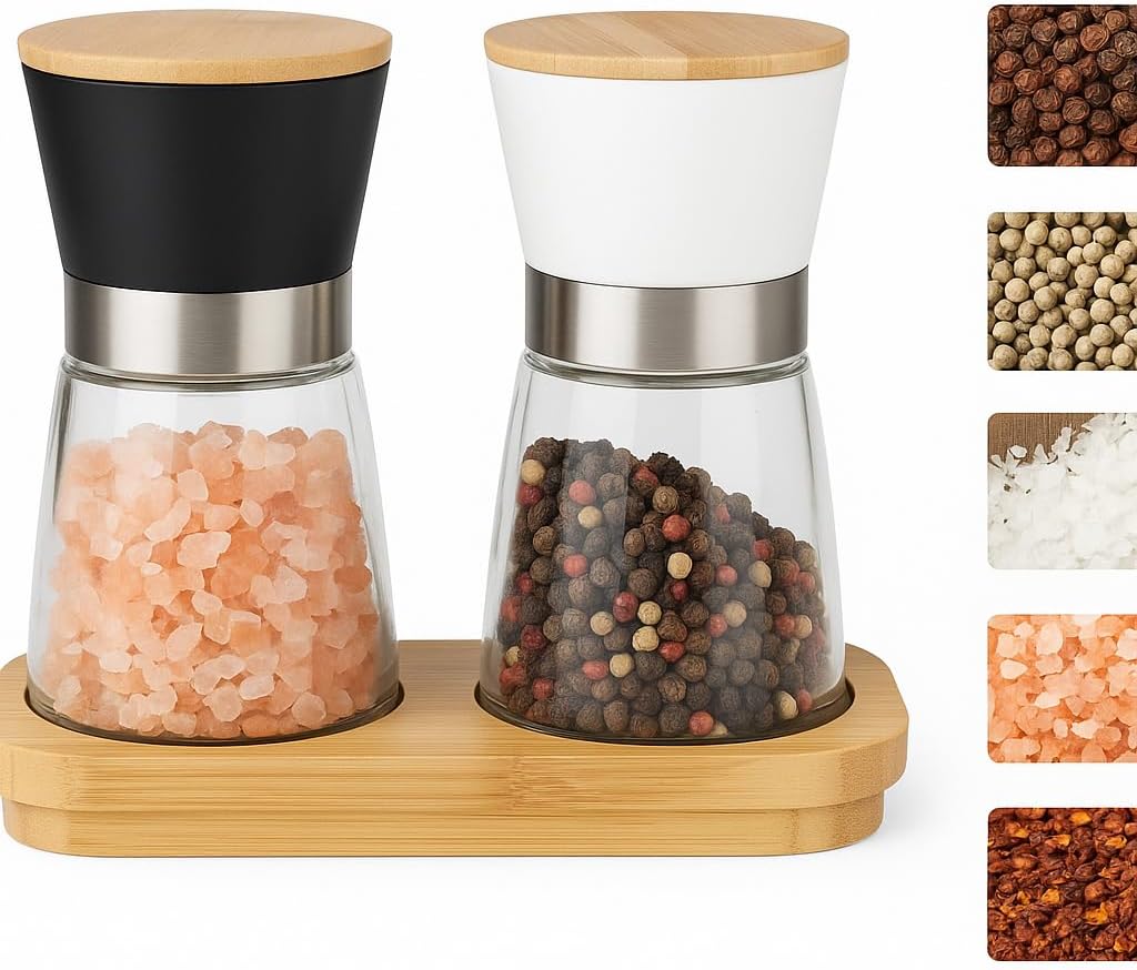 SHIVANA Salz und Pfeffermühle Set aus Glas & Bambus – 2er Gewürzmühlen Set mit Keramikmahlwerk – Man
