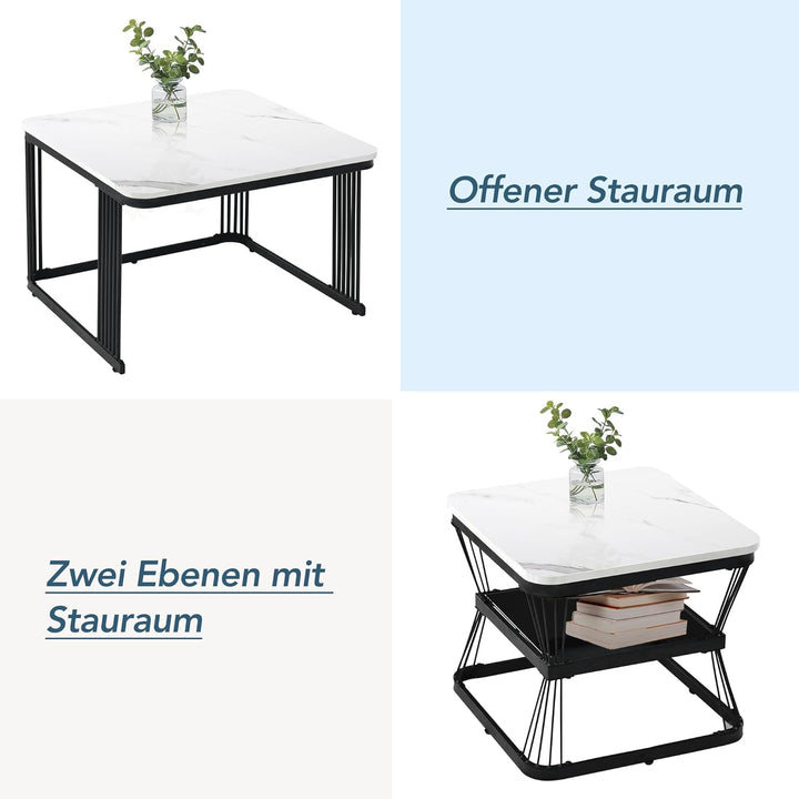 Merax Quadratisch Couchtisch 2er Set, Moderne Wohnzimmertisch mit Marmoroptik, Hochglänzend Satztisc