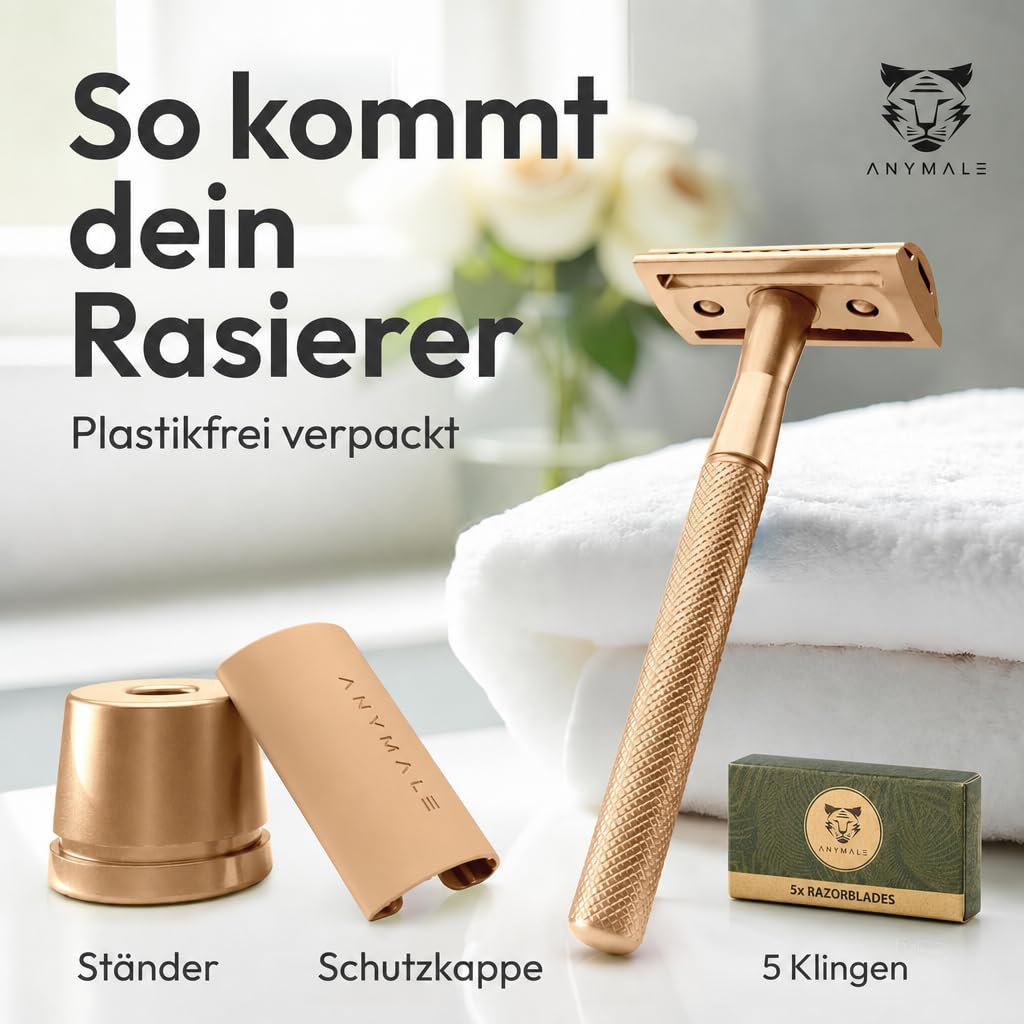 ANYMALE® Rasierhobel Gold Edition - Damen Set mit Ständer und 5 ASTRA Klingen - Plastikfreier Rasier