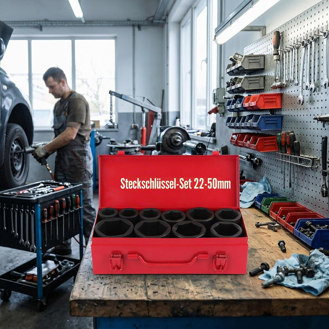 Steckschlüsselsatz, 10tlg Sechskant Kraft Schlagschrauber Satz, 6 Punkt Metrisches Antrieb Werkzeug,