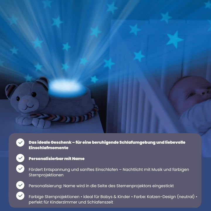 Personalisierbarer Kiki die Katze Sternenlicht Projektor – Nachtlicht Baby mit Musik & farbigen Ster