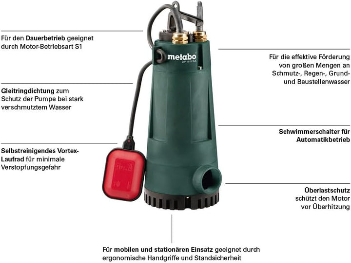 Metabo Drainagepumpe DP 18-5 SA (604111000) Karton, Nennaufnahmeleistung: 900 W, Max. Fördermenge: 1