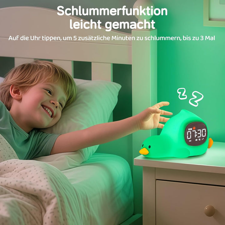 Yiliaw Liegende Ente Kinderwecker mit Nachtlicht – Schlaftrainer &amp; Aufwachuhr, wiederaufladbare Sili