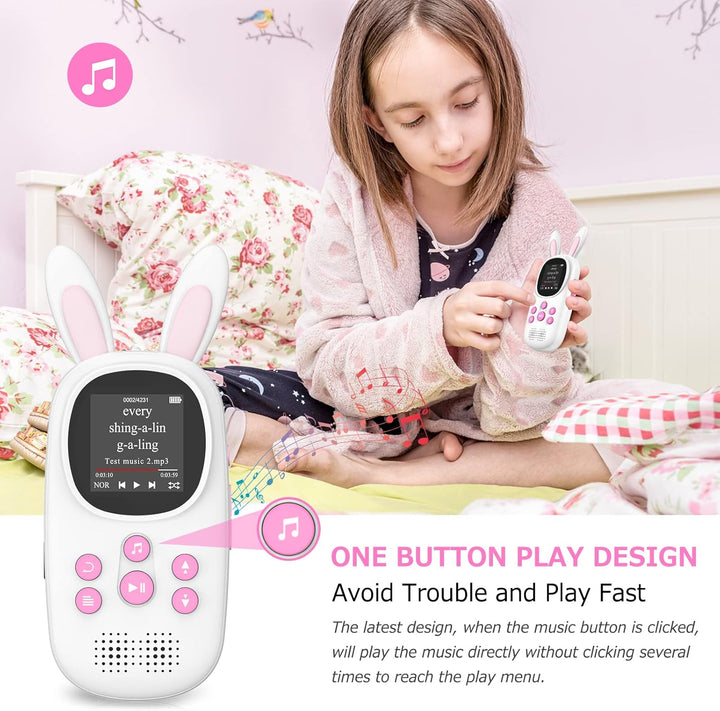 16GB Bluetooth MP3 Player , Niedlicher Hase Kinder Musik Player mit Kopfhörer & Lautsprecher, mit FM