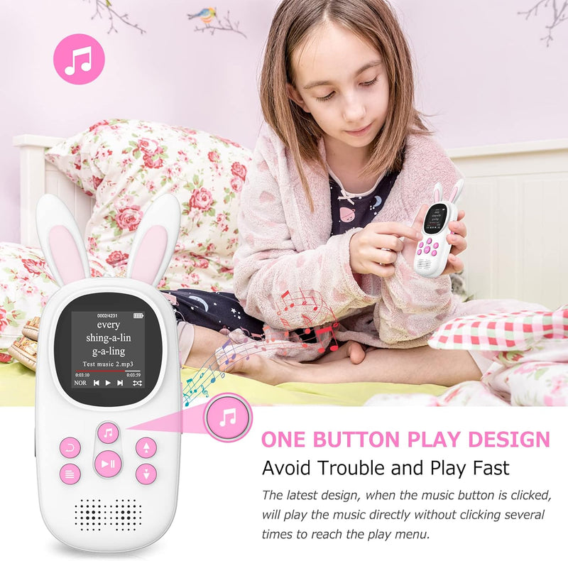 16GB Bluetooth MP3 Player , Niedlicher Hase Kinder Musik Player mit Kopfhörer & Lautsprecher, mit FM