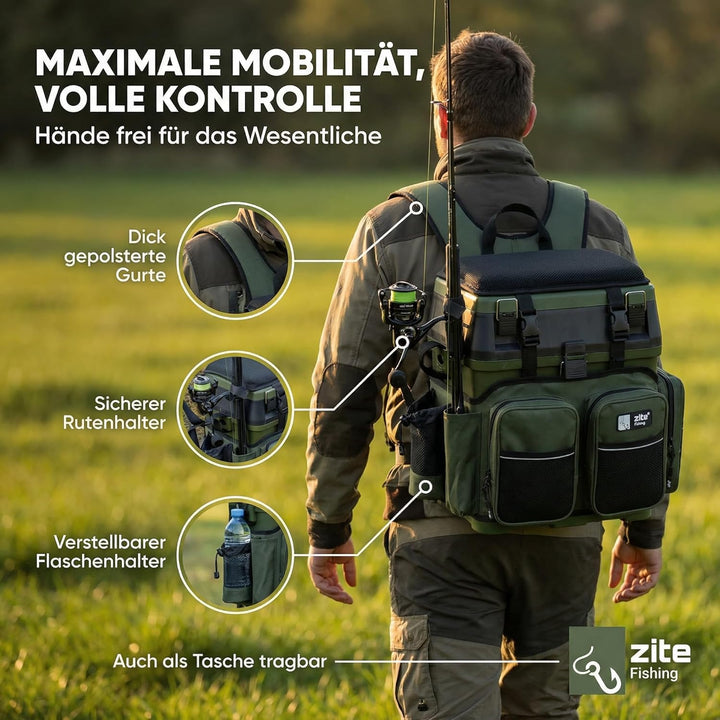Zite Fishing Multi Angel-Koffer-Rucksack & Sitz-Kiepe in 1 - Inklusive 4 Tackle-Boxen für Angelzubeh