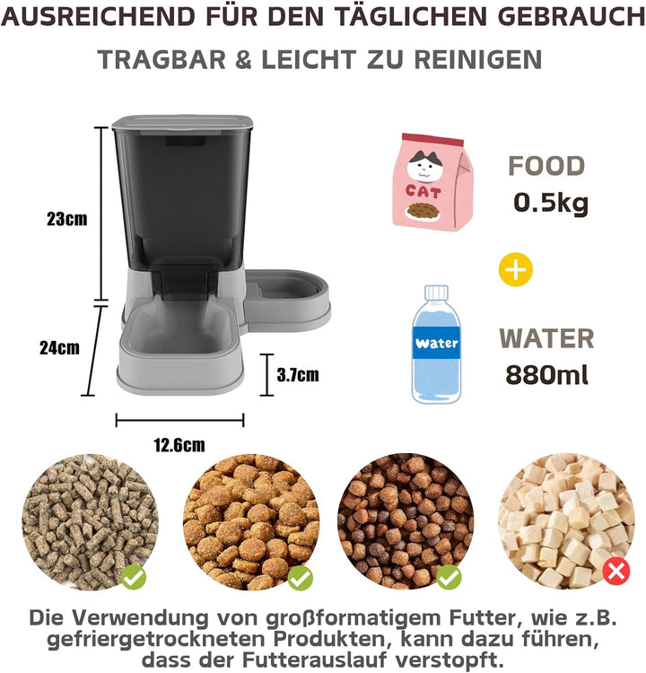 Automatischer Katzenfutterspender, 2-in-1 Abnehmbarer Schwerkraft-Futter- und Wasserspender für Katz