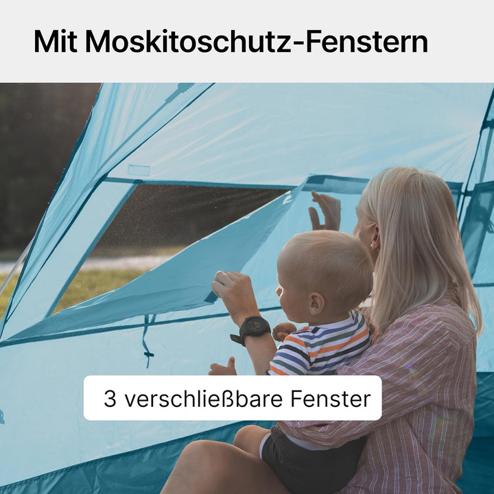 qeedo Quick Bay Pro Grosse Strandmuschel mit UV-Schutz (UV80) für 3 Personen inkl. Sandheringe und R