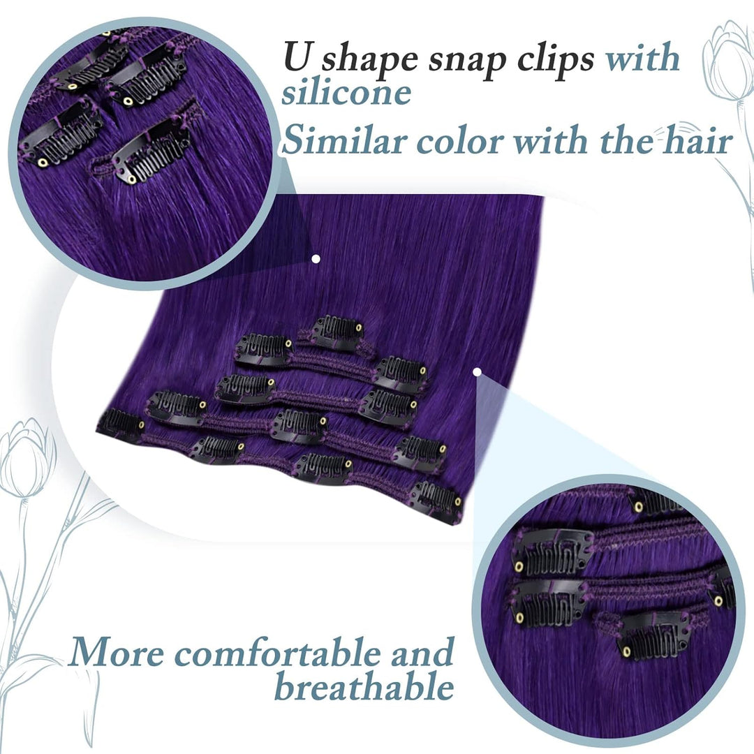 RUNATURE Lila Clip in Echthaar Extensions 50cm Purple Clip Extension Glatt 70g Lila Haarverlängerung