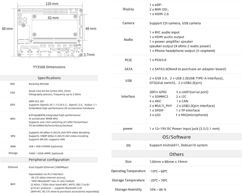 youyeetoo YY3568 Devkit,2GB LPDDR4 16GB Emmc, RK3568 Open Source Entwicklungsboard, Rich Interface 5