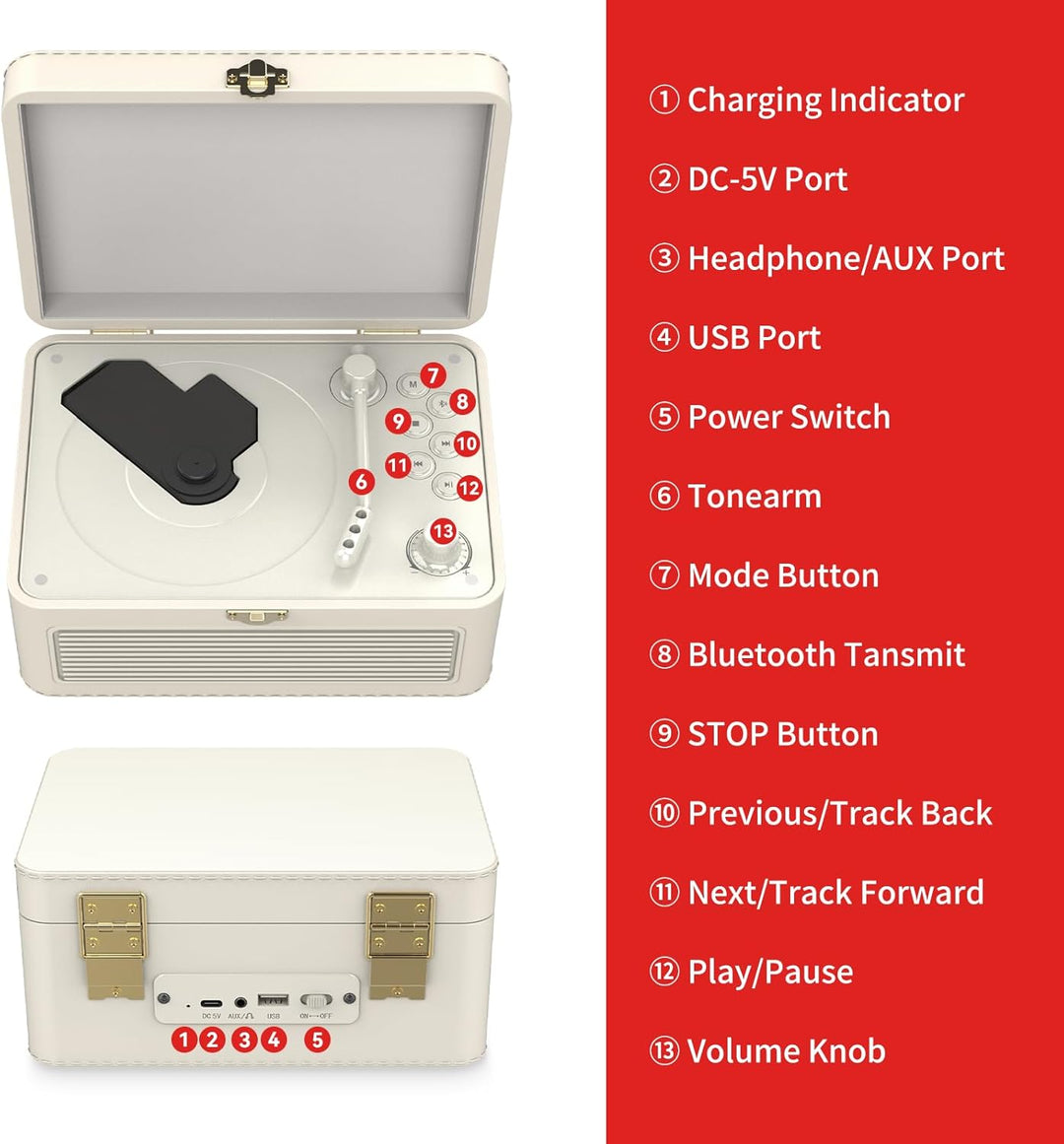 Gueray Tragbarer Bluetooth CD-Player mit Lautsprechern 3600mAh Wiederaufladbarer Vintage CD Spieler