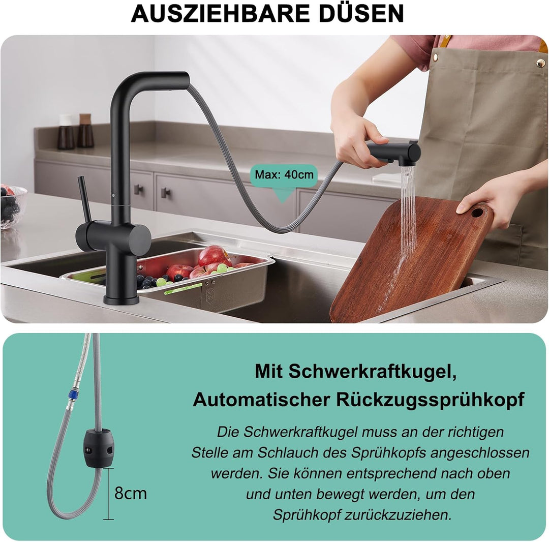 Küchenarmatur mit Brause Ausziehbar, Hochdruck Wasserhahn Küche Schwarz mit Zwei Wasserstrahlarten,