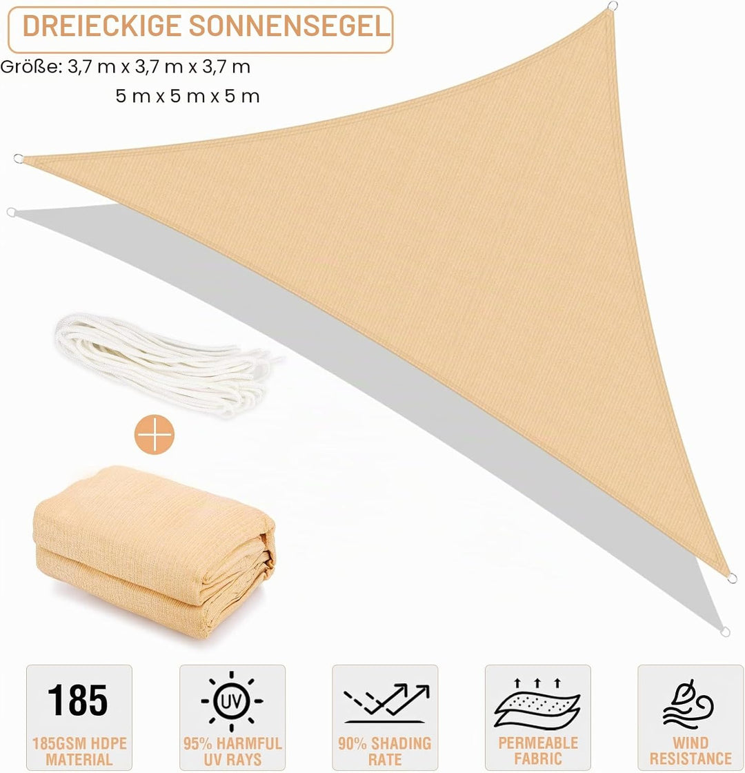 Duerer Sonnensegel Dreieckig Sonnenschutz Garten 5 x 5 x 5M, 95% UV-Blockierung, 185GSM Dichte Cool