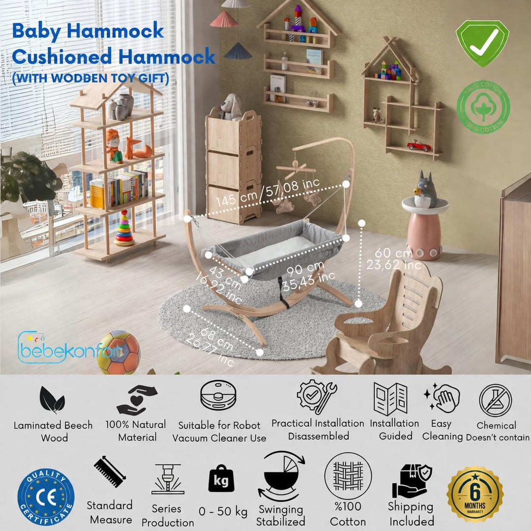 Kinder-Hängematte mit Holzgestell – Ergonomische 66×150 cm Hängeliege für Kinder 3–5 Jahre I Sanftes