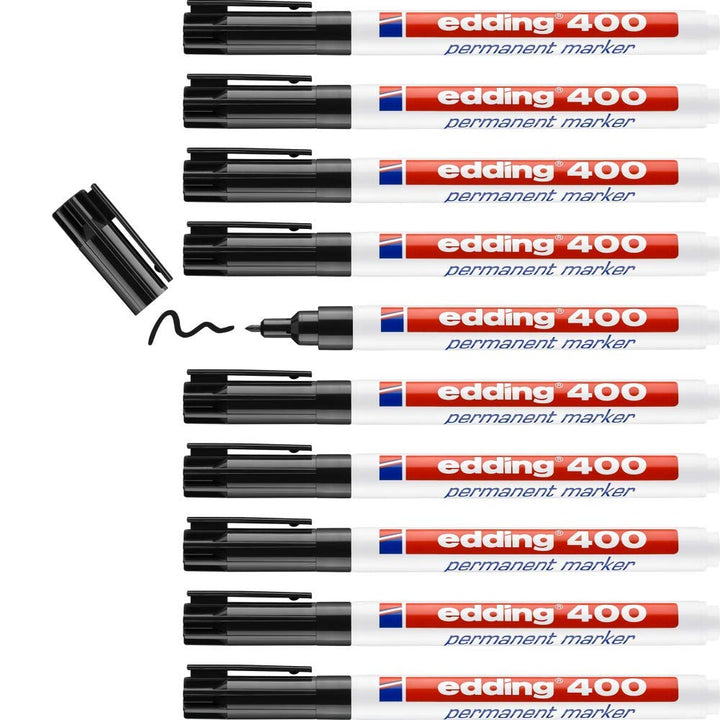 edding 400 Permanentmarker - schwarz - 10 Stifte - feine Rundspitze 1 mm - wasserfest, schnell-trock