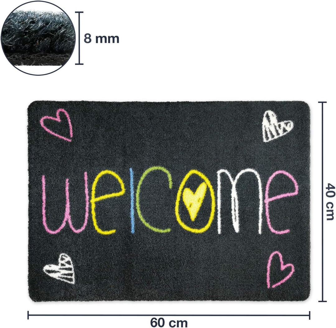NEU! Waschbare Fussmatte Welcome Heart 40x60cm Grau ohne Rand - rutschfest und einfach zu säubern 40
