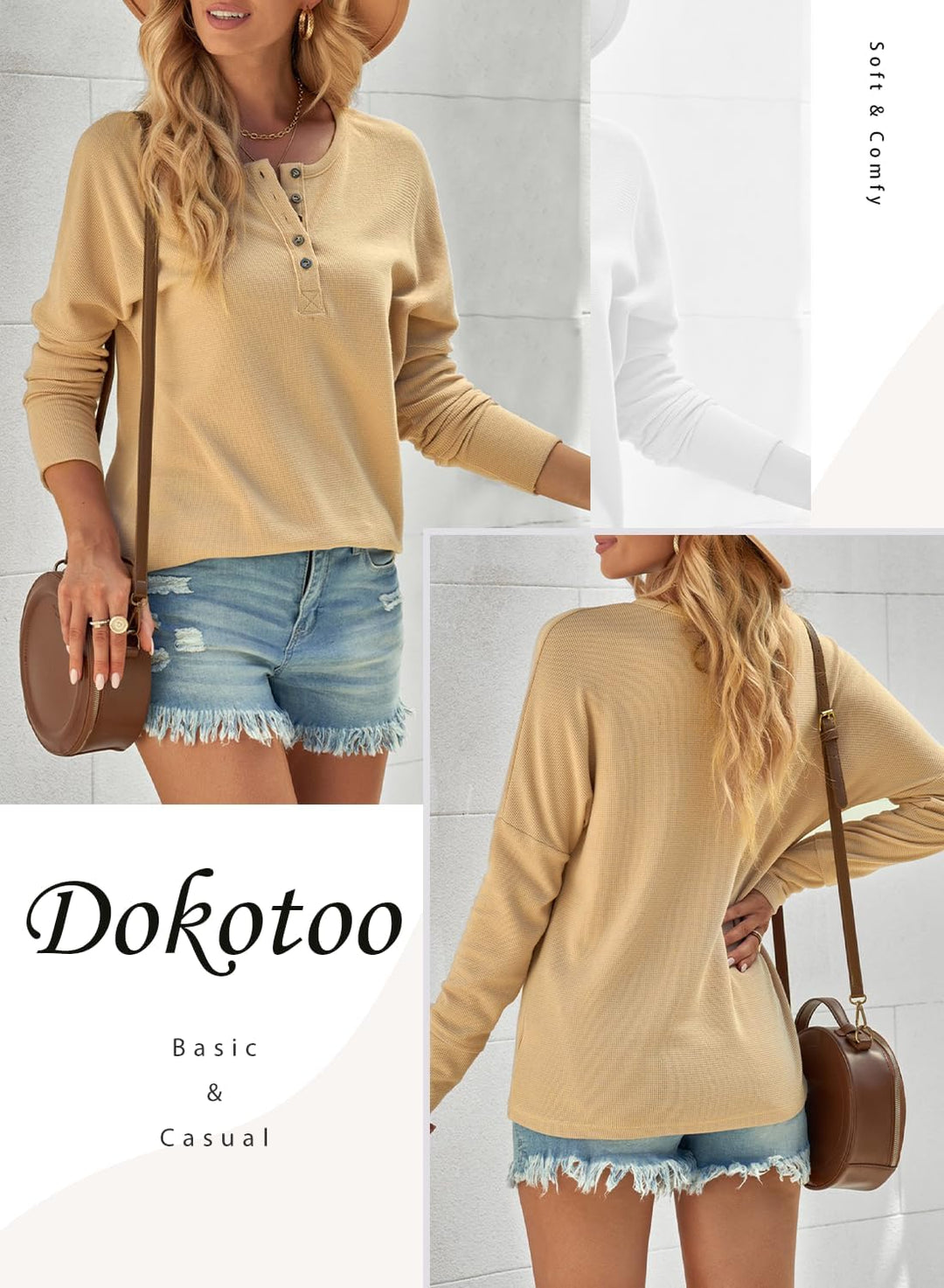 Dokotoo Damen Langarmshirt Basic Knopfleiste Pullover Casual Einfarbig Langarm Oberteil Shirt Bluse
