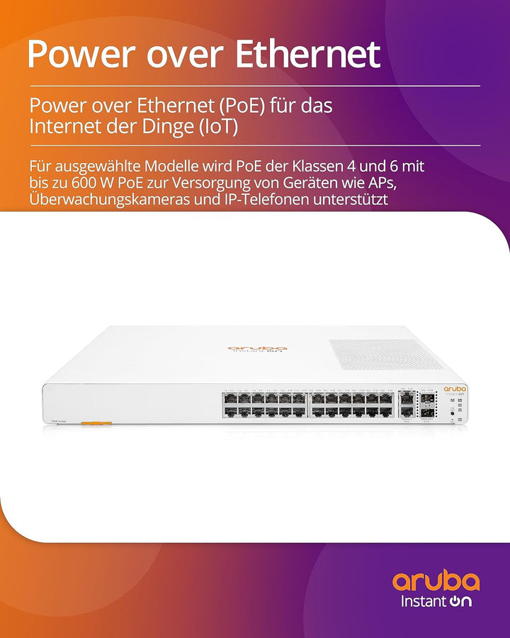 HPE Aruba Instant On 1960 24G PoE 20p der Kl.4 4p der Kl.6 2XGT 2SFP+ Switch (240W PoE Kl.6 / 370W P