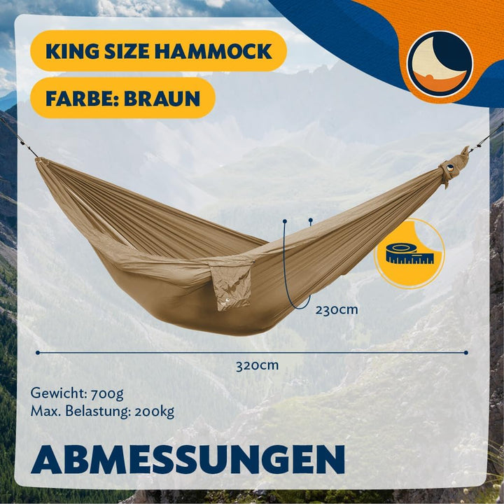 Ticket to the Moon Fallschirmhängematte King Size - Braun | Hängematte Outdoor mit 320 x 230 cm &amp; nu