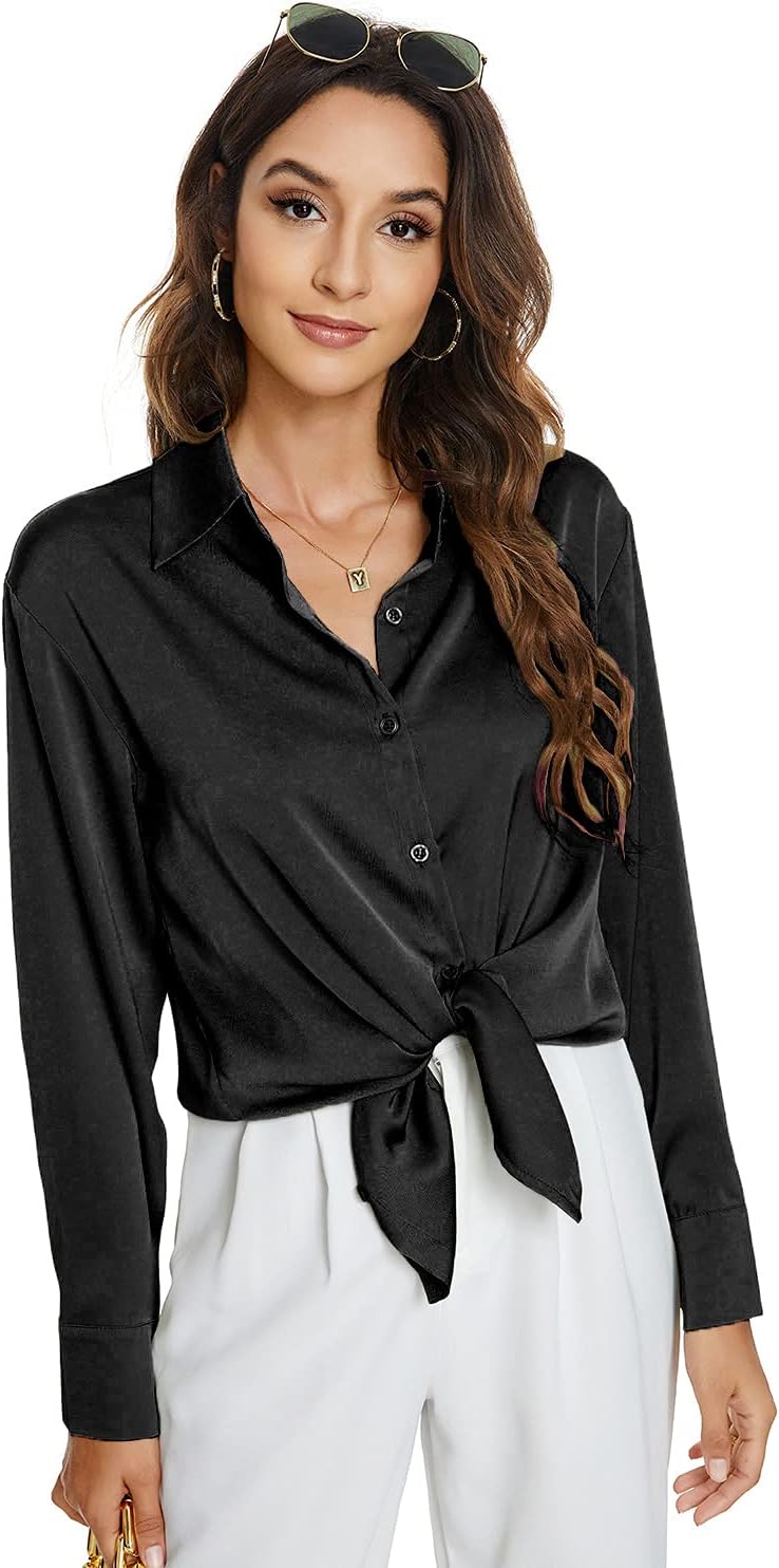 Atnlewhi Damen Bluse Langarm Knöpfen Satin Seide Hemden Basic Kent Kragen Arbeit Büro Formelle Casua