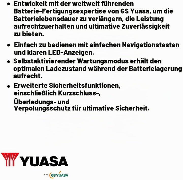 Yuasa YCX1.5 6/12 V 1,5 A Motorradbatterie-Smart-Ladegerät Schwarz, Schwarz