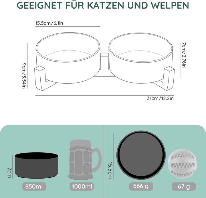 SPUNKYJUNKY Hundenapf Keramik Doppel Hund Futternapf mit Bambus Ständer für Katzen und Hunde (850ml,