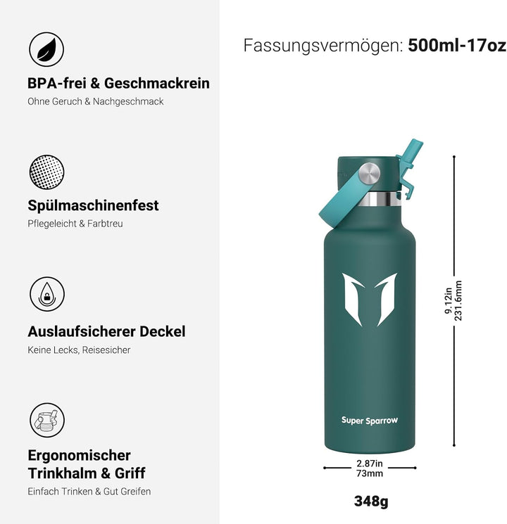 Super Sparrow Trinkflasche Edelstahl - Thermobecher - 350ml, 500ml, 750ml, 1L - FlipFlow Trinkflasch