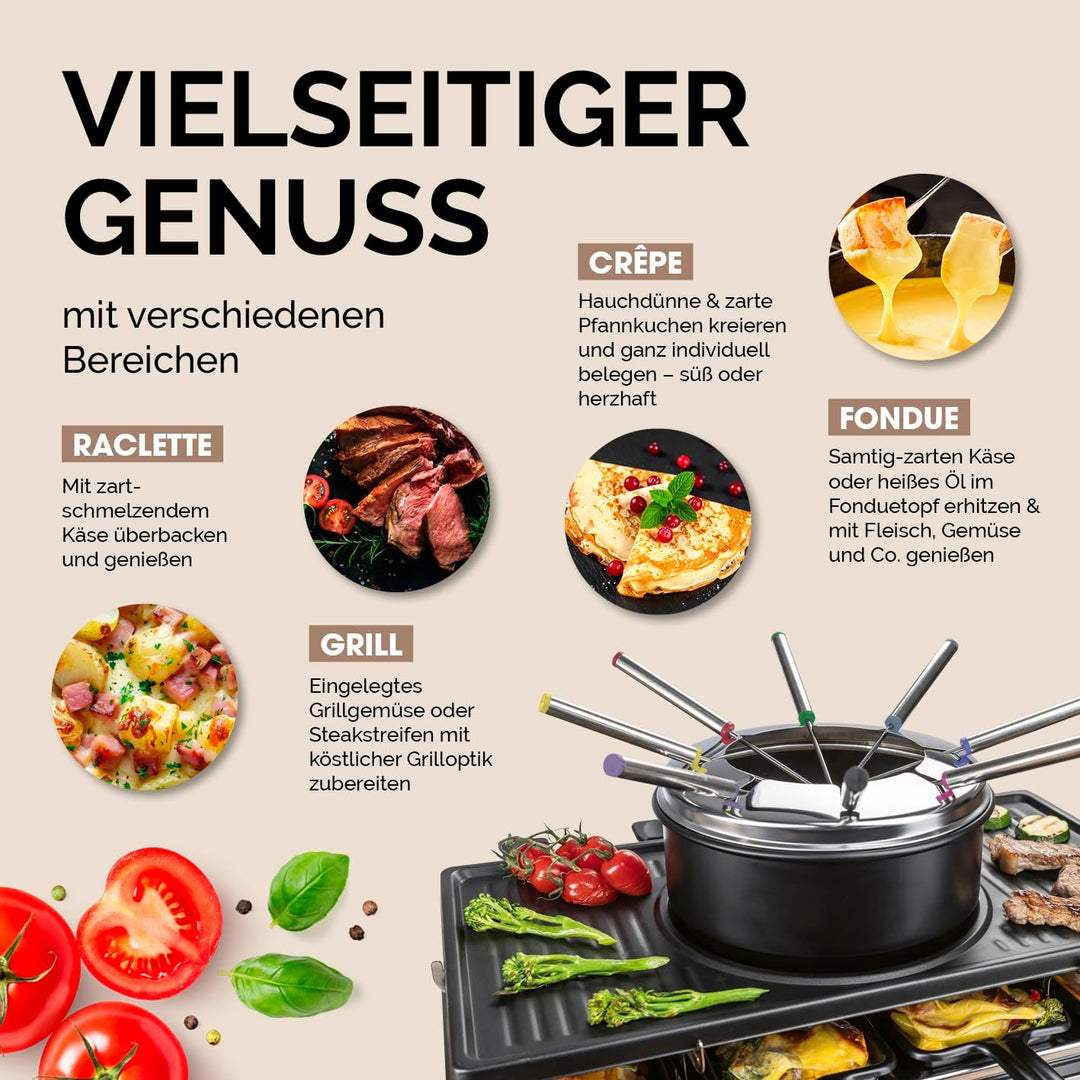 GOURMETmaxx 2-in-1 Raclette mit Fondue | Raclette Set 8 Personen – ideal als Partygrill | Raclette-F