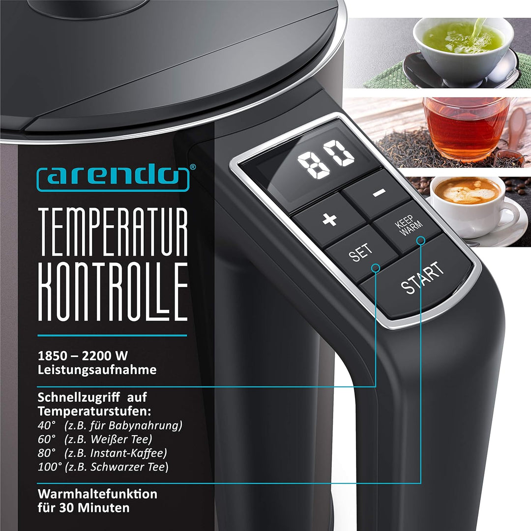 Arendo - Edelstahl Wasserkocher mit Temperatureinstellung 40-100 Grad in 5er Schritten - Doppelwand