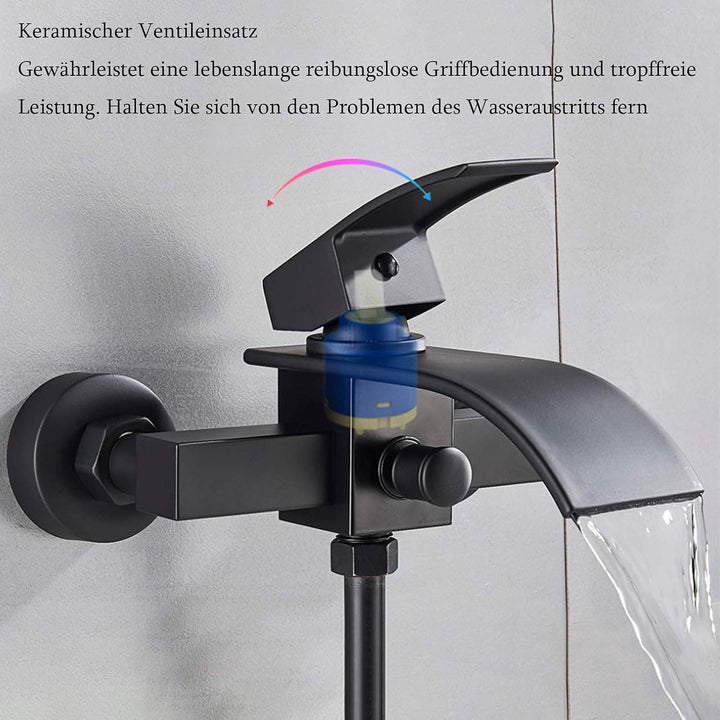 WXDL Badewannenarmatur Matt Schwarz Wannenbatterie Wasserfall Badewanne Wasserhahn Messing Wandhalte