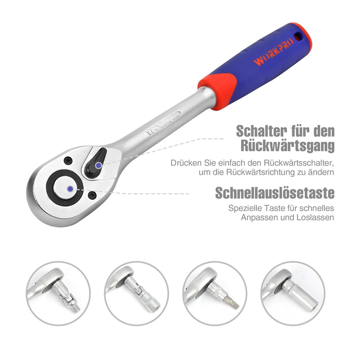 WORKPRO Steckschlüsselsatz 108-teilig, Knarrenkasten Ratschenkasten für Auto, mit 1/4" und 1/2" Umsc