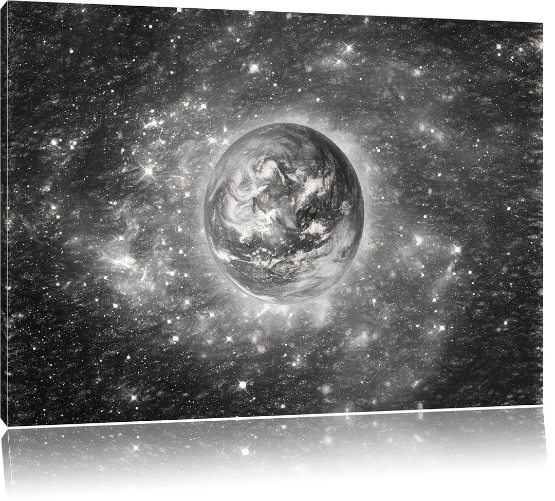 Pixxprint Planet Erde im Weltraum Kunst Kohle Effekt, Format: 100x70 auf Leinwand, 100x70