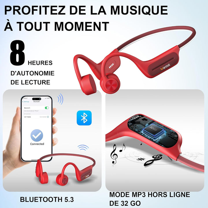 Wantek Open Ear Knochenschall Kopfhörer Bluetooth 5.3, Kabellos IP68 Wasserdicht mit Lange Akkulaufz